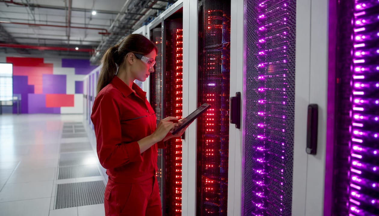 Data center technician inspecting server racks