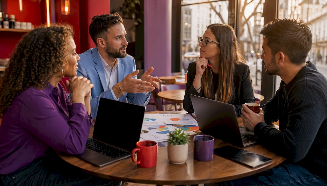 Business team collaborating around data reports