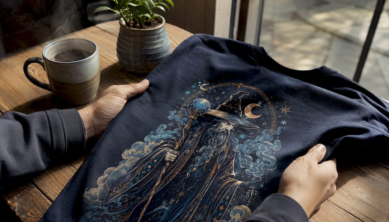 Close-up detailed fantasy tee shirt print