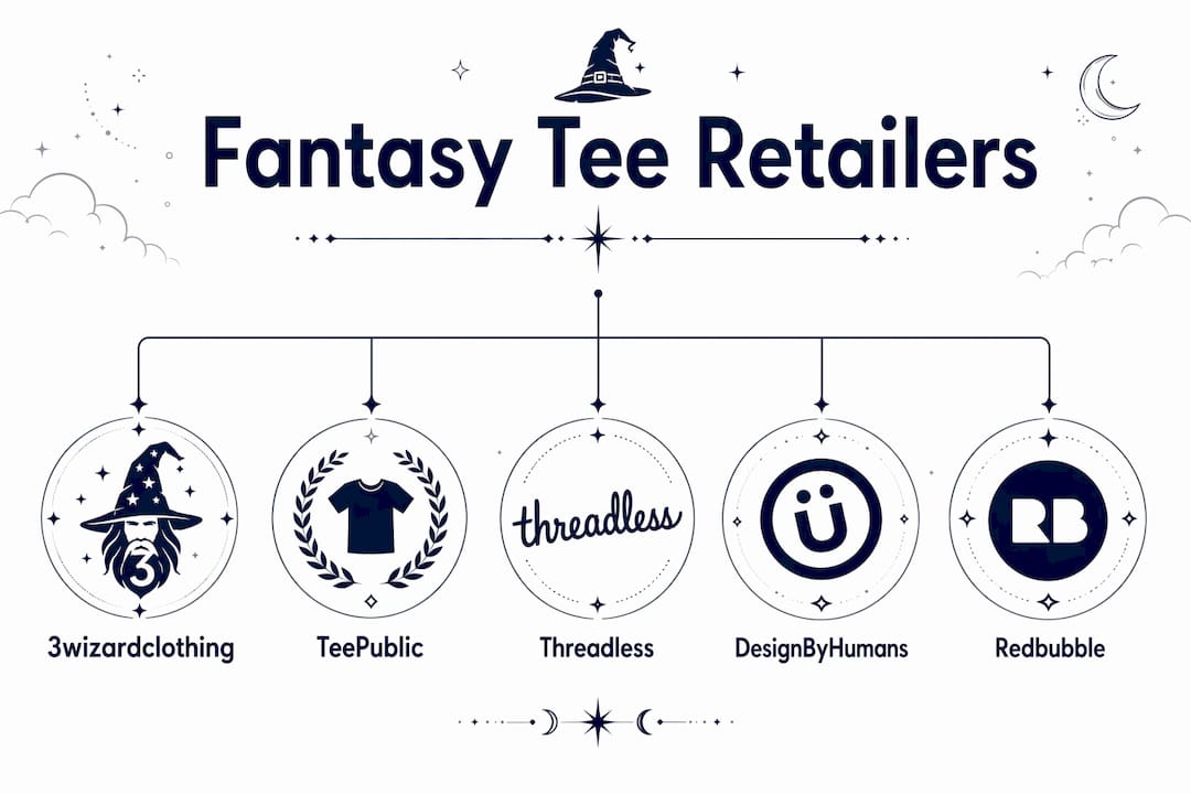 Infographic comparing fantasy tee retailers in a hierarchy layout