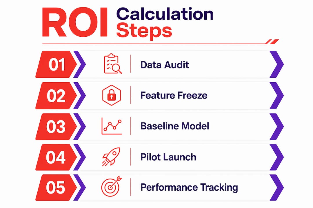 Infographic outlining steps to calculate predictive analytics ROI