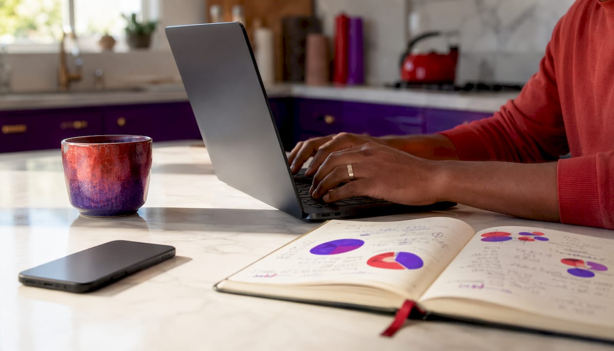 Hands typing on laptop with budgeting notes nearby