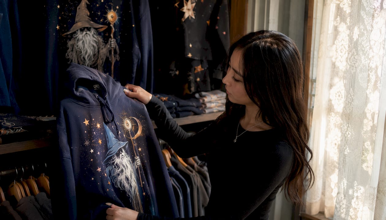 Hands inspecting wizard-themed t-shirt in shop