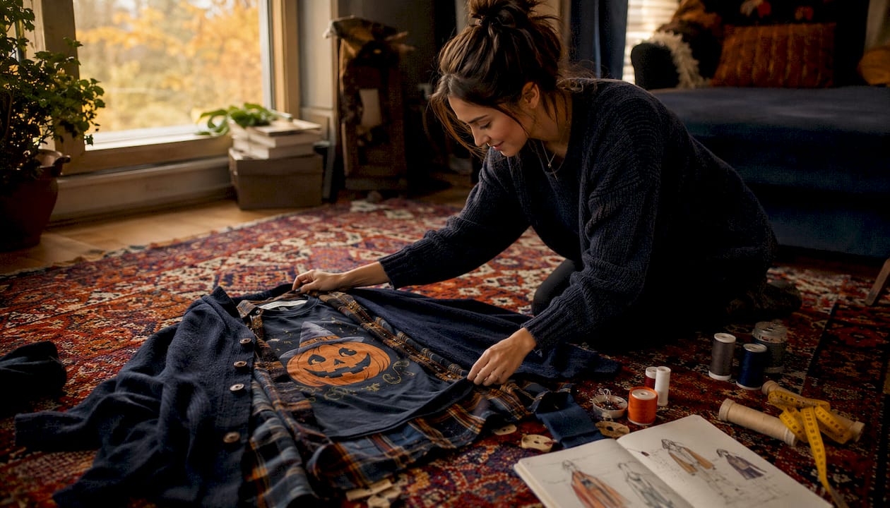 Hands arranging layered fall clothing