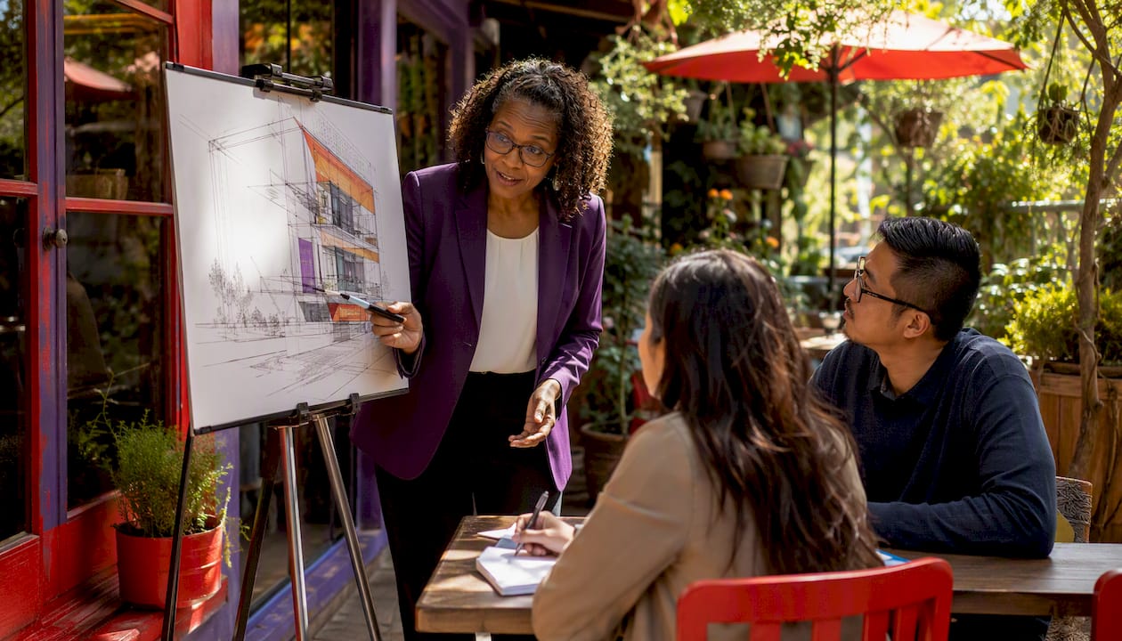Architect presenting project architecture diagram