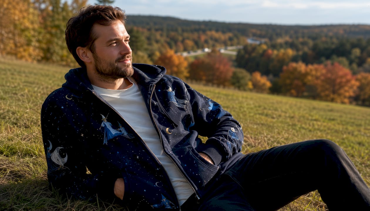Man’s hand in hoodie kangaroo pocket outdoors