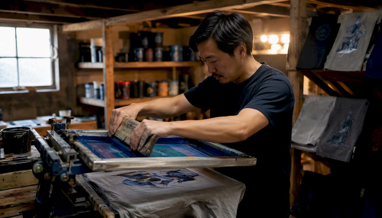 Hands screen printing limited run t-shirt in workshop