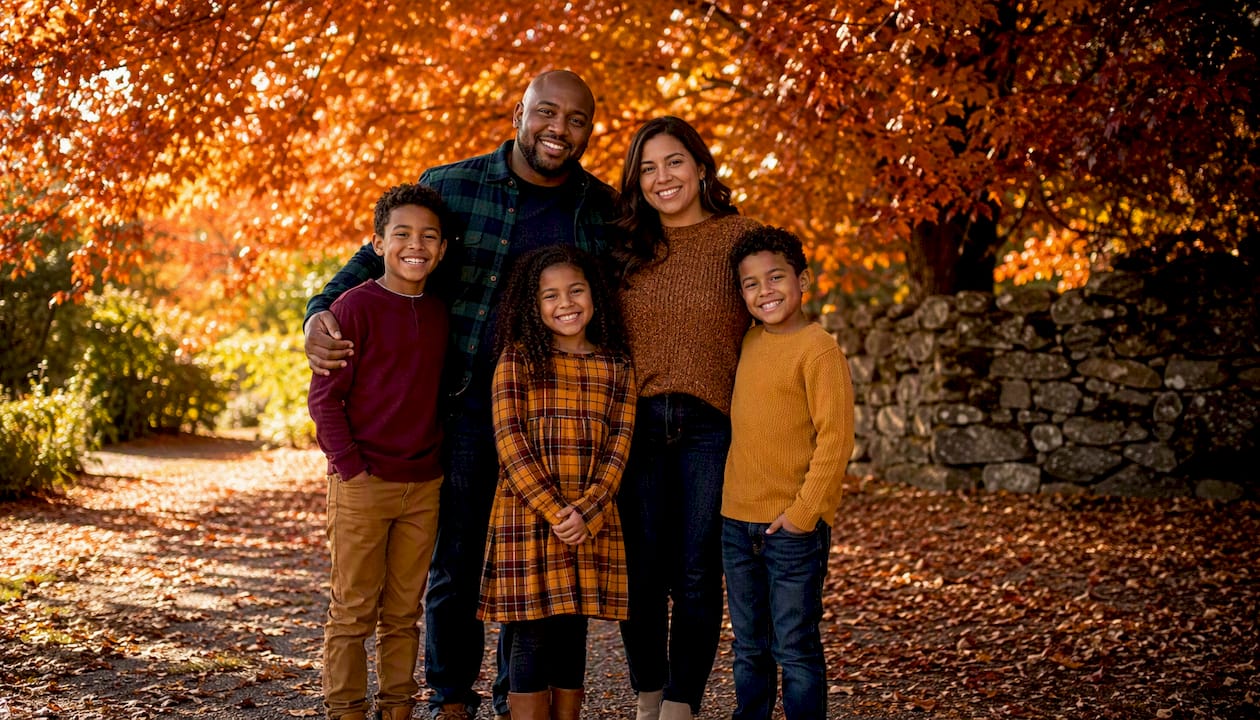 Family in coordinated fall outfits outdoors