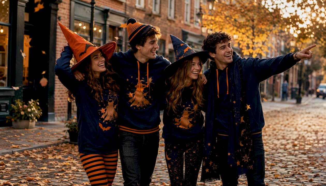 Family group in coordinated Halloween shirts