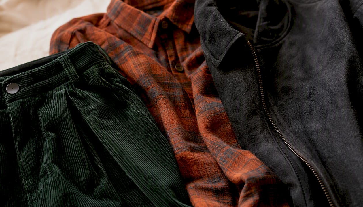 Close-up of fall fabrics corduroy flannel suede