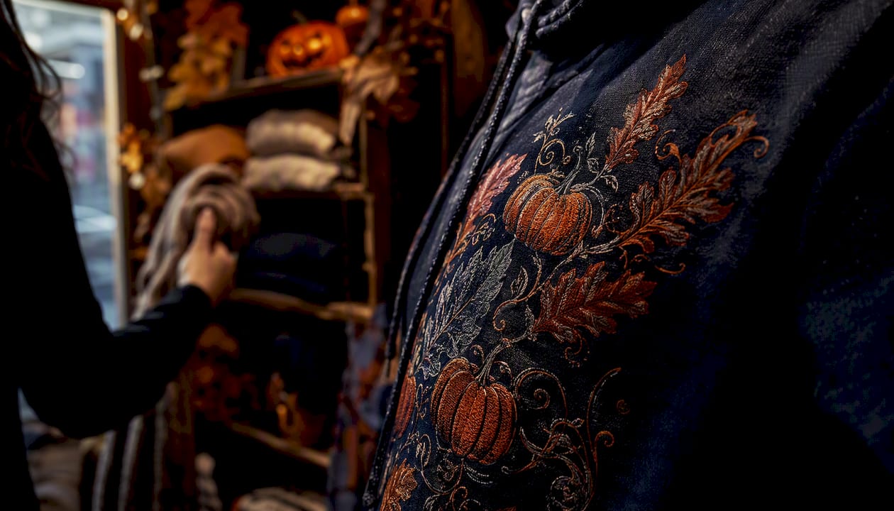 Close-up on fall-themed hoodie details