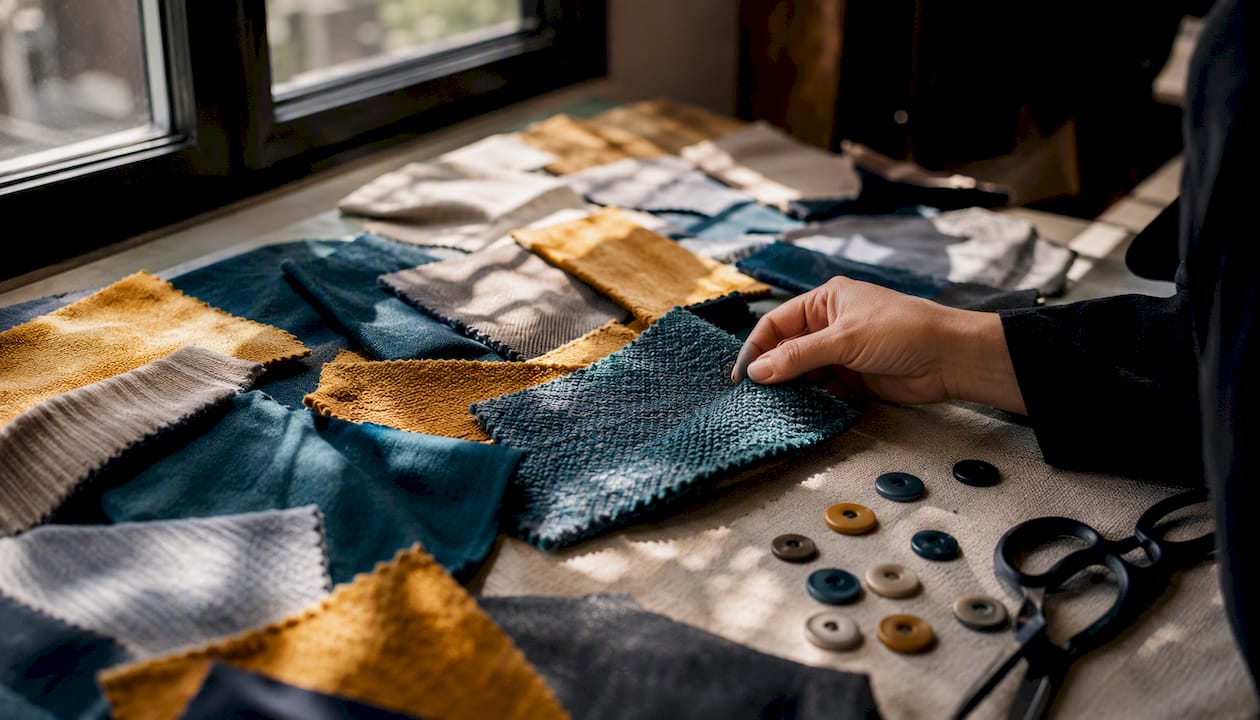 Fabric swatches in anchor outfit colors
