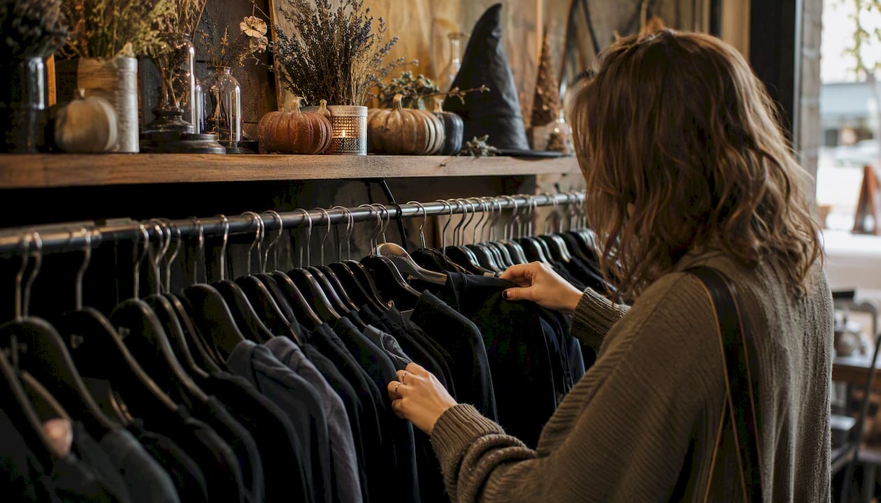 Hands checking size and fabric on seasonal clothing