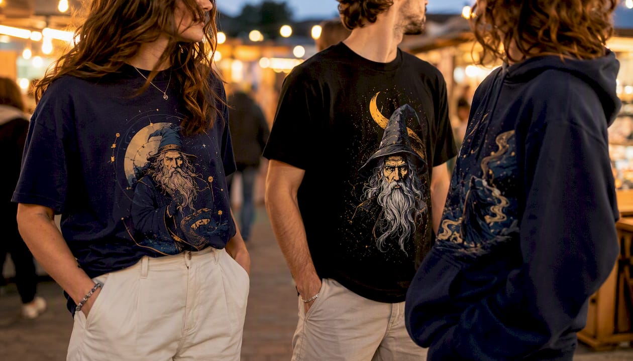 Three styled themed outfits with 3wizardclothing graphics