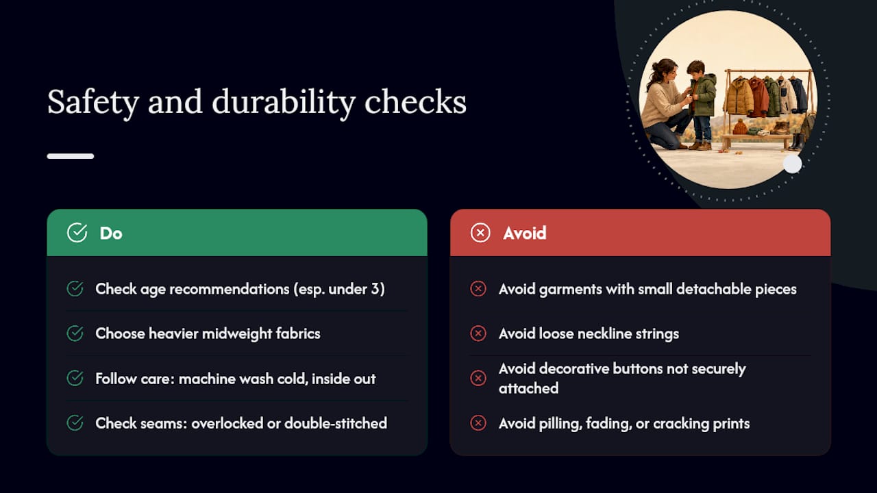 Safety, durability, and care checks before you buy — overview diagram