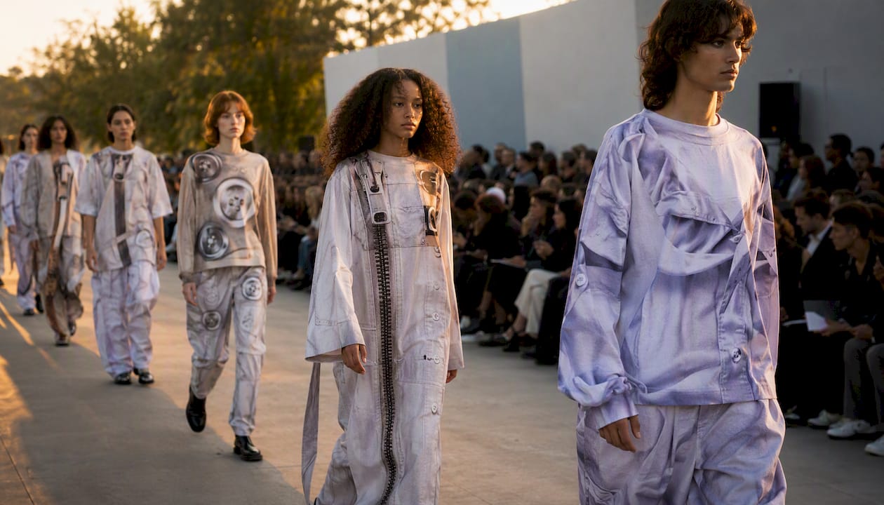 Models on runway with trompe l'oeil garments