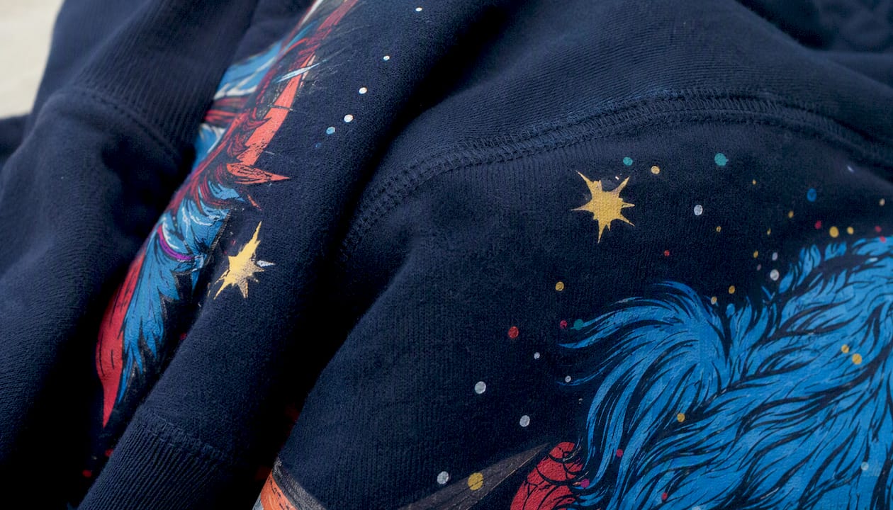 Fabric texture and print detail on hoodie