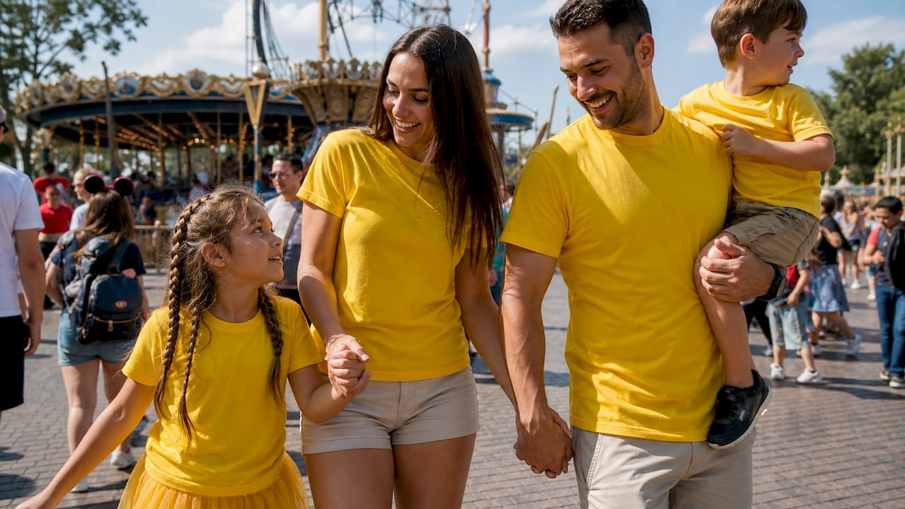Bright family shirts standing out in theme park crowd
