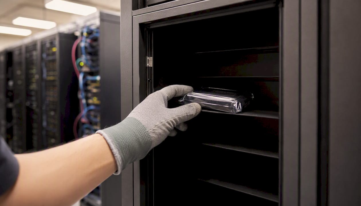 Hand storing external drive in secure cabinet