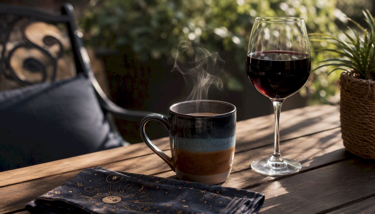 Coffee mug and wine glass on kitchen counter
