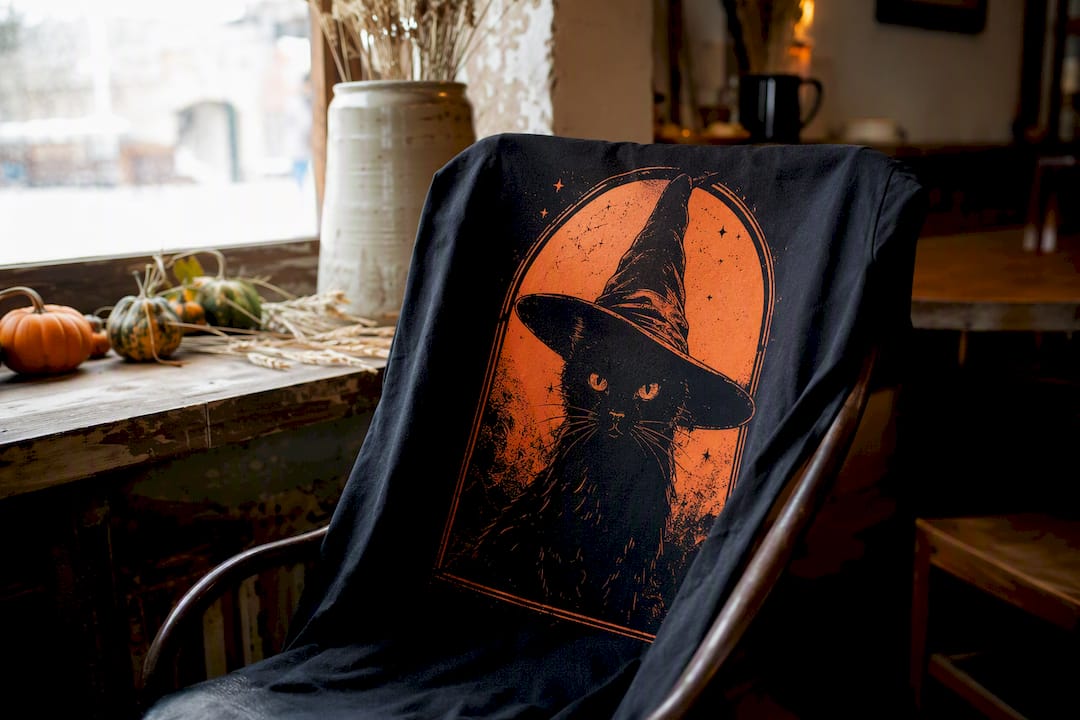 Black cat witch hat graphic on t-shirt
