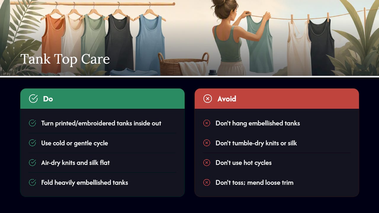Diagram of tank top washing and care tips