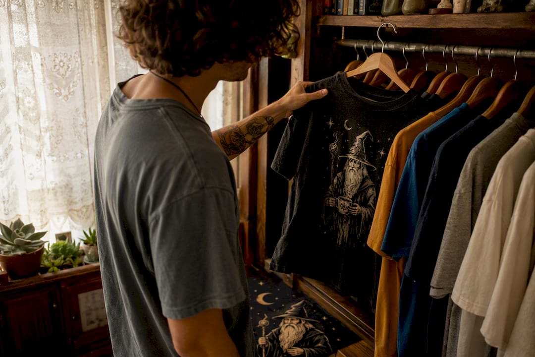 Person choosing a graphic tee from wardrobe