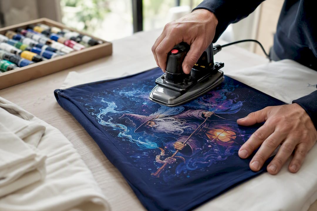 Hands heating fabric during shirt printing