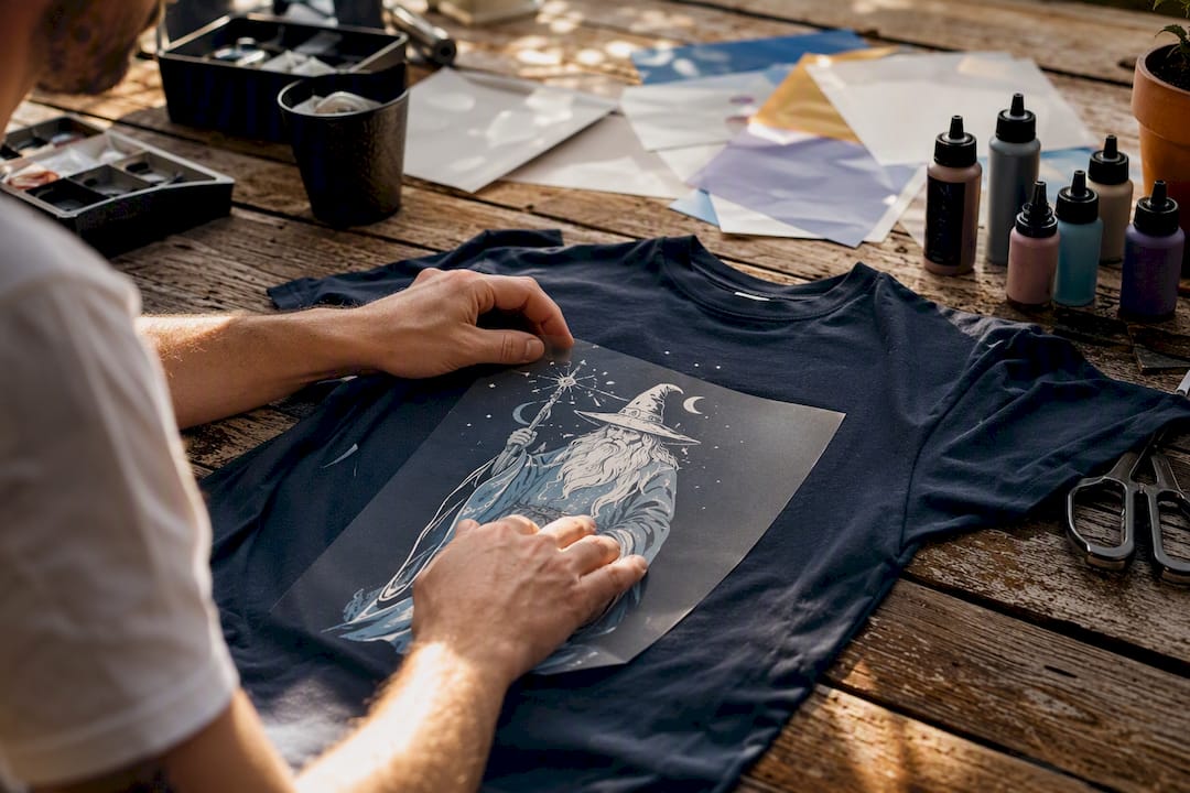 Hands applying iron-on transfer to cotton shirt
