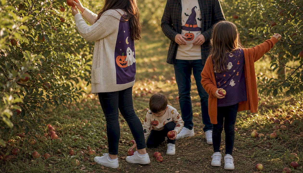 Family at pumpkin patch wearing coordinated Halloween shirts