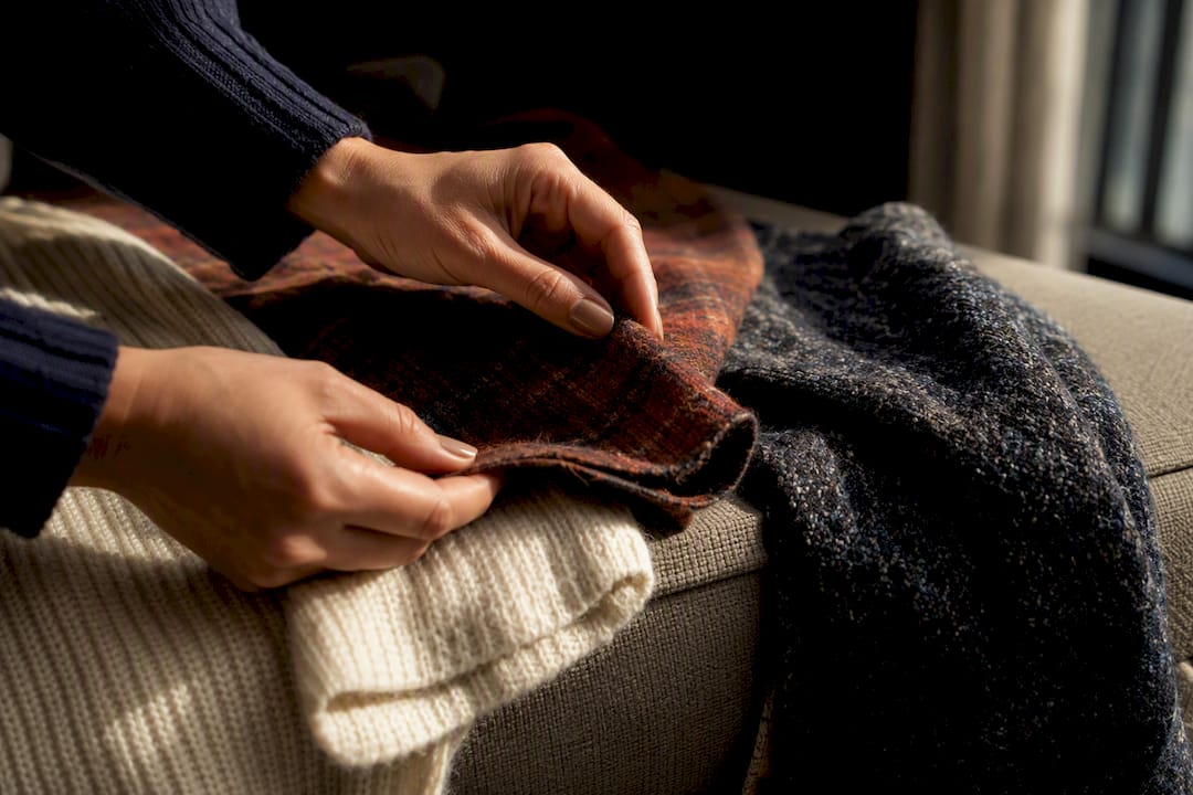 Hands comparing cozy fall fabric textures