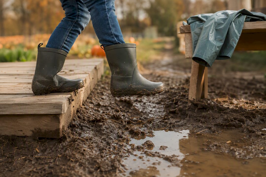 Waterproof boots stepping through pumpkin patch mud