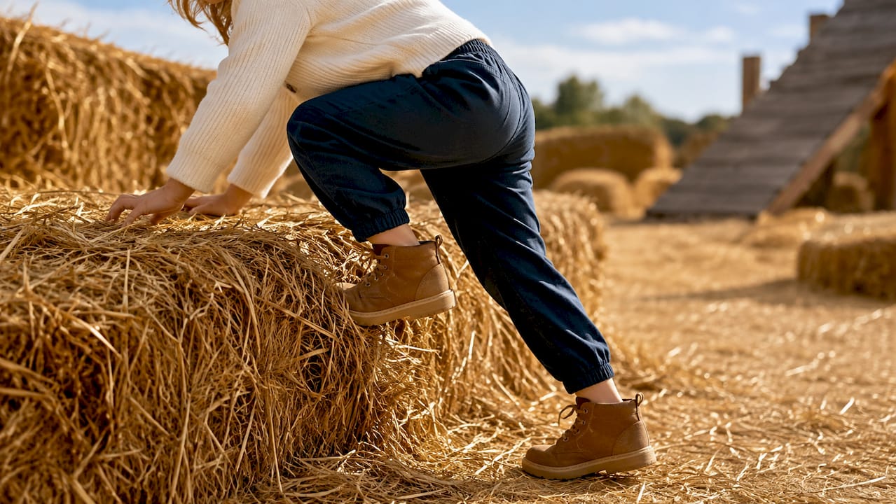 Child climbing hay bale in practical clothes