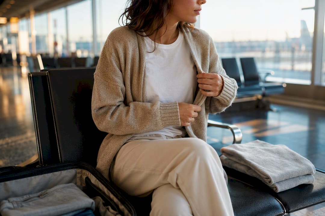 Traveler adding cardigan over tee