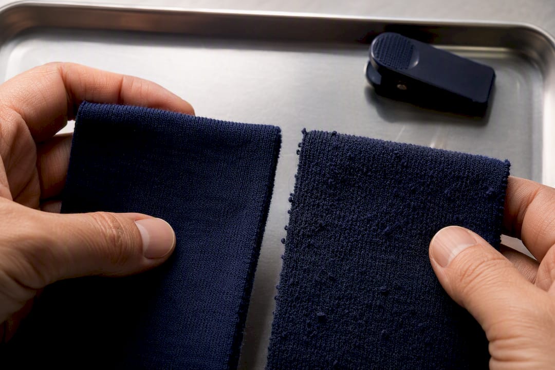 Fabric swatches showing pilling differences