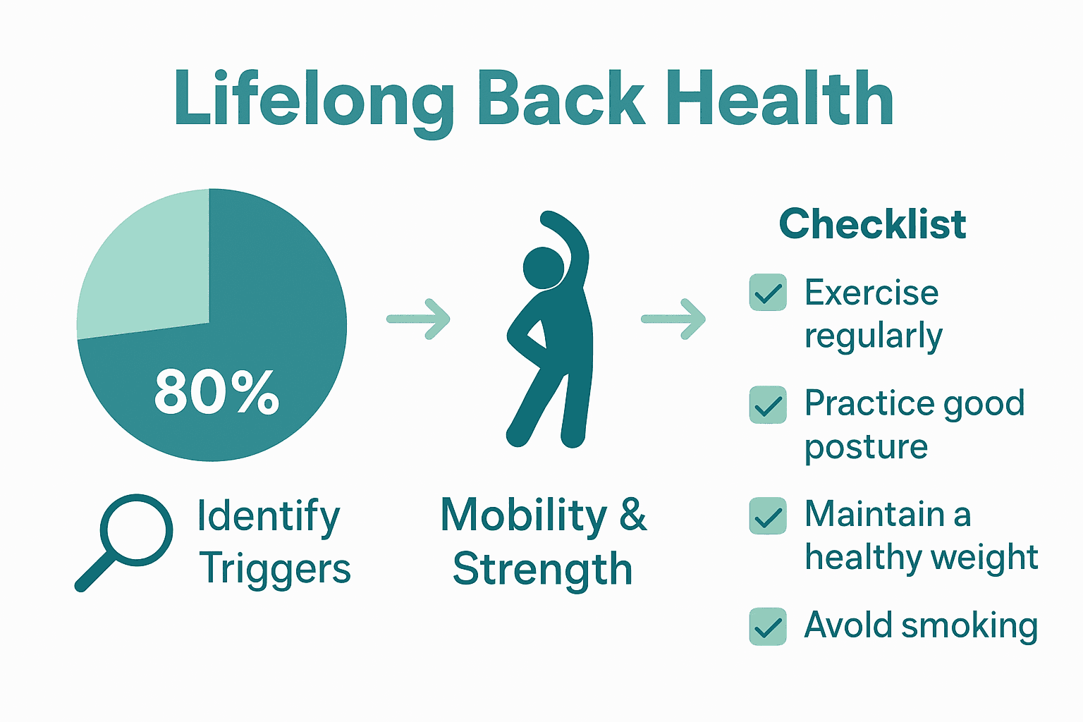 Infographic comparing steps for lifelong back strength: triggers, exercises, and tracking progress.