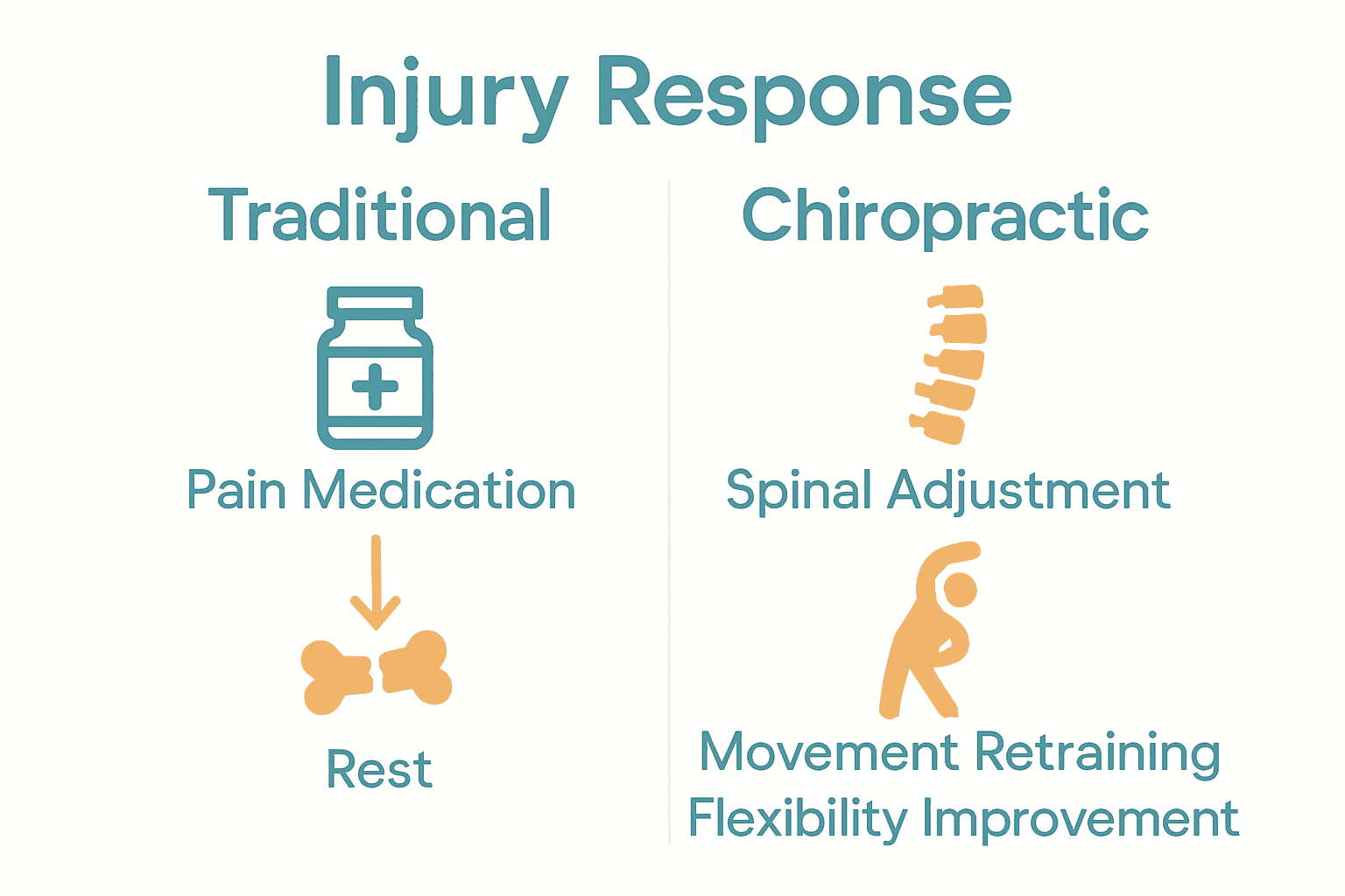 Infographic comparing chiropractic injury prevention to traditional injury response methods.