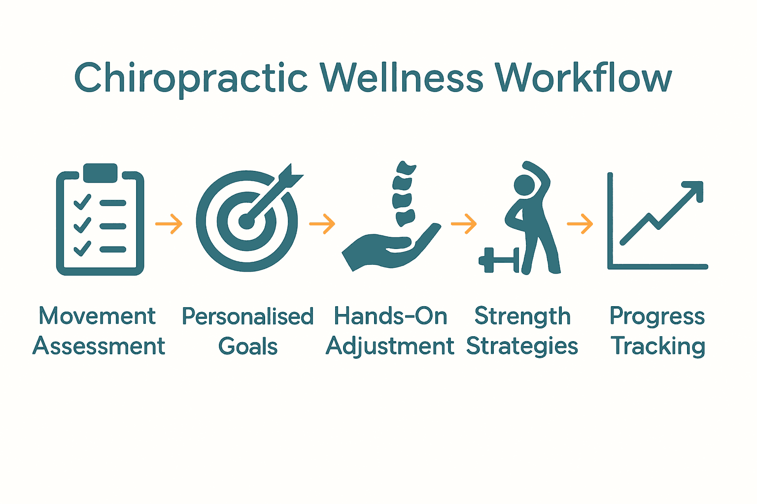Infographic of five key steps in chiropractic wellness workflow