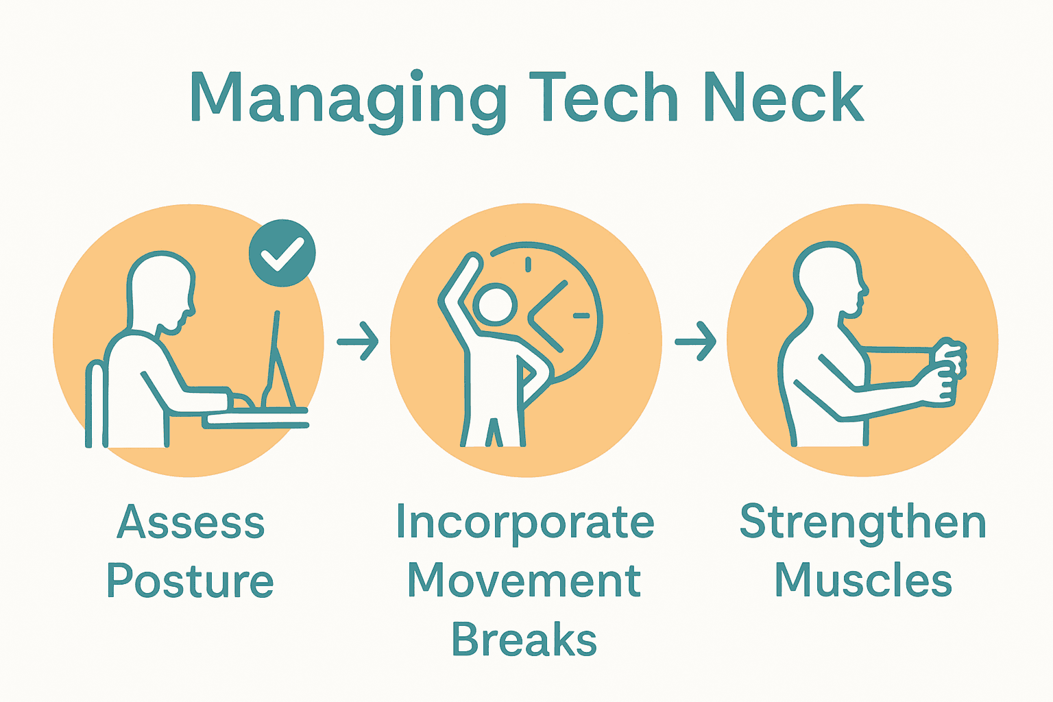 Three step infographic for managing tech neck: assess posture, movement breaks, strengthen muscles.