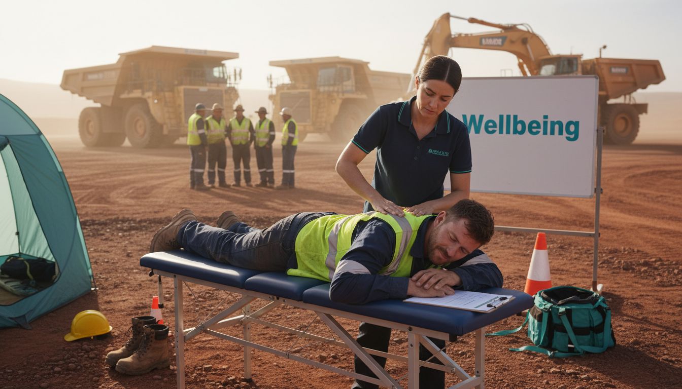 Chiropractor treats worker at mining site outdoors