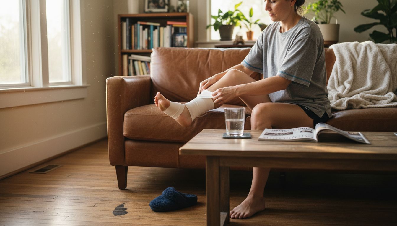 Woman self-treating ankle injury at home