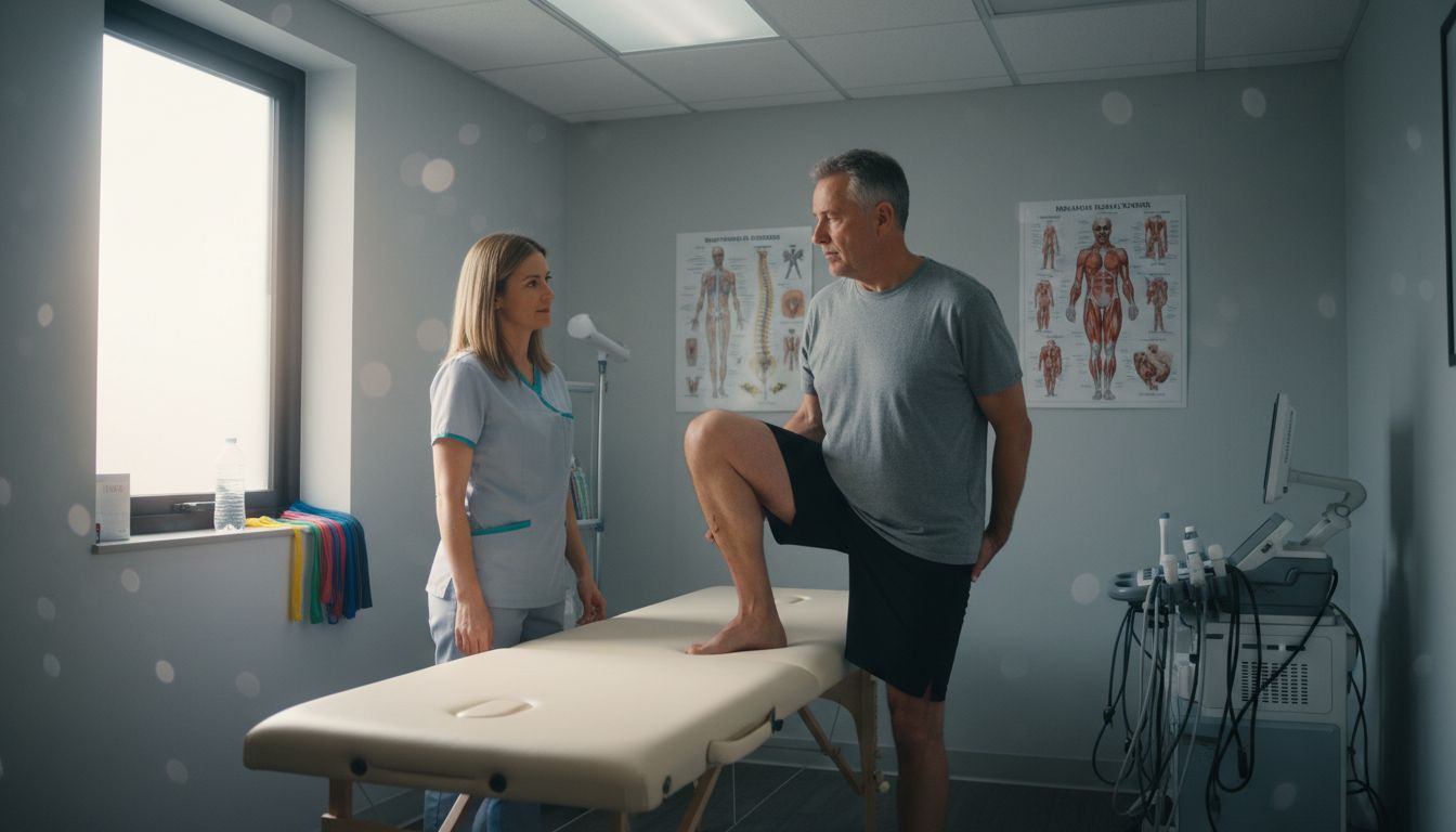 Physiotherapist assessing patient mobility in clinic