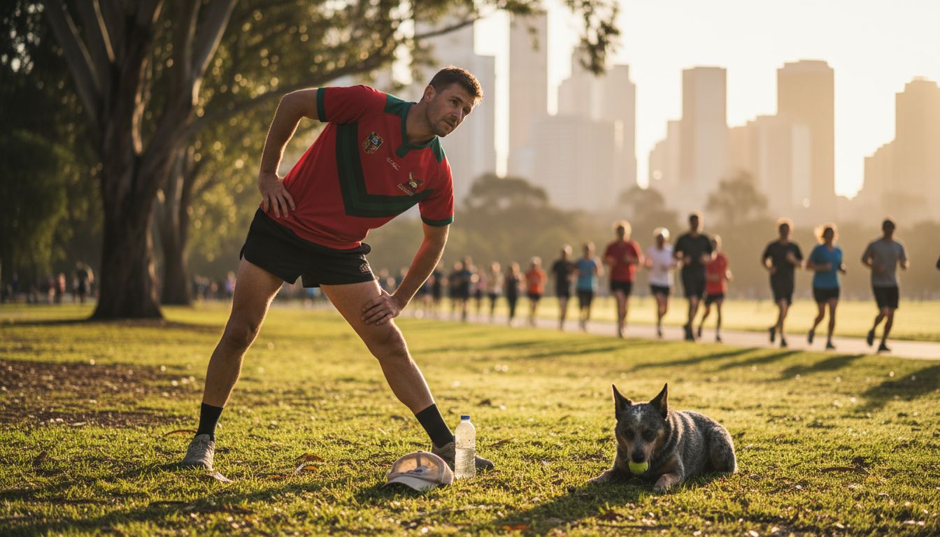 Active Aussie stretching outdoors at sunrise