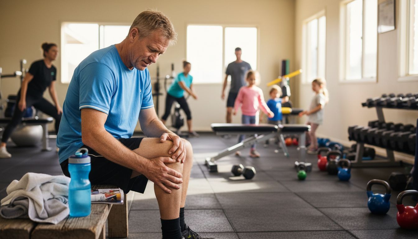 Australian man massaging knee in community gym