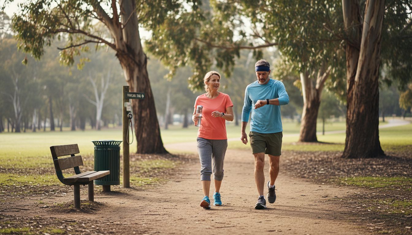 Adults exercising in city park for health