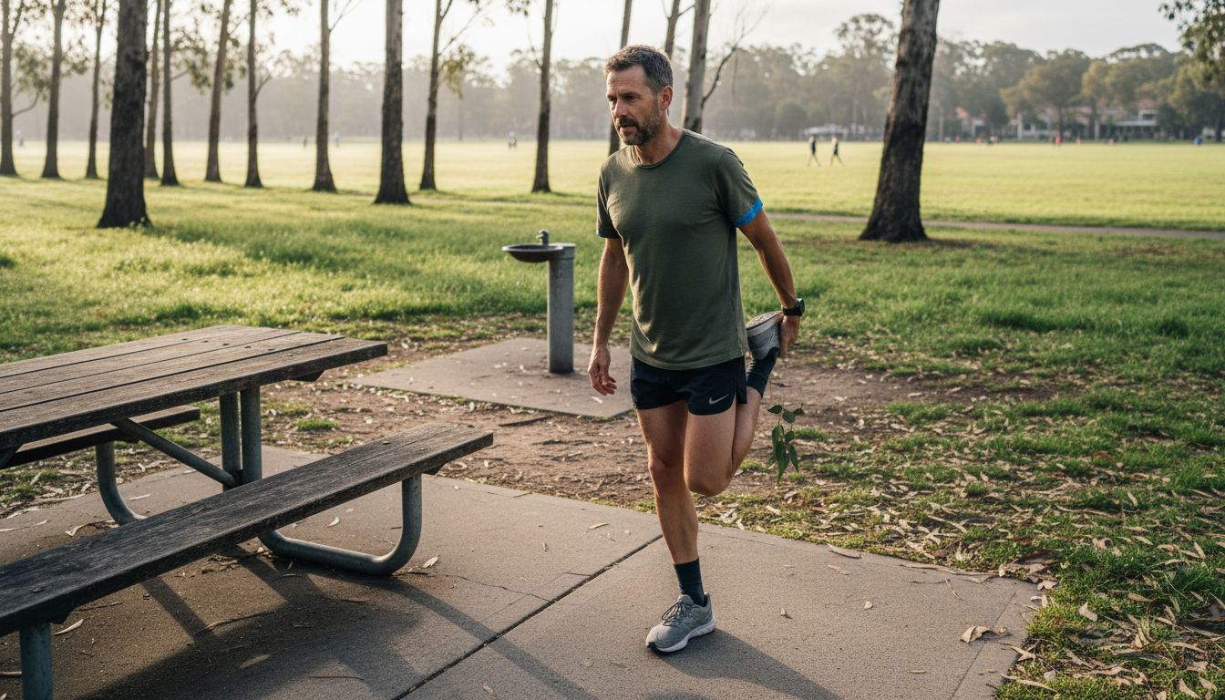 Australian runner stretching in sunlit park