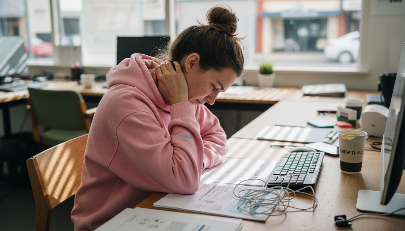 Office worker slouching at cluttered desk
