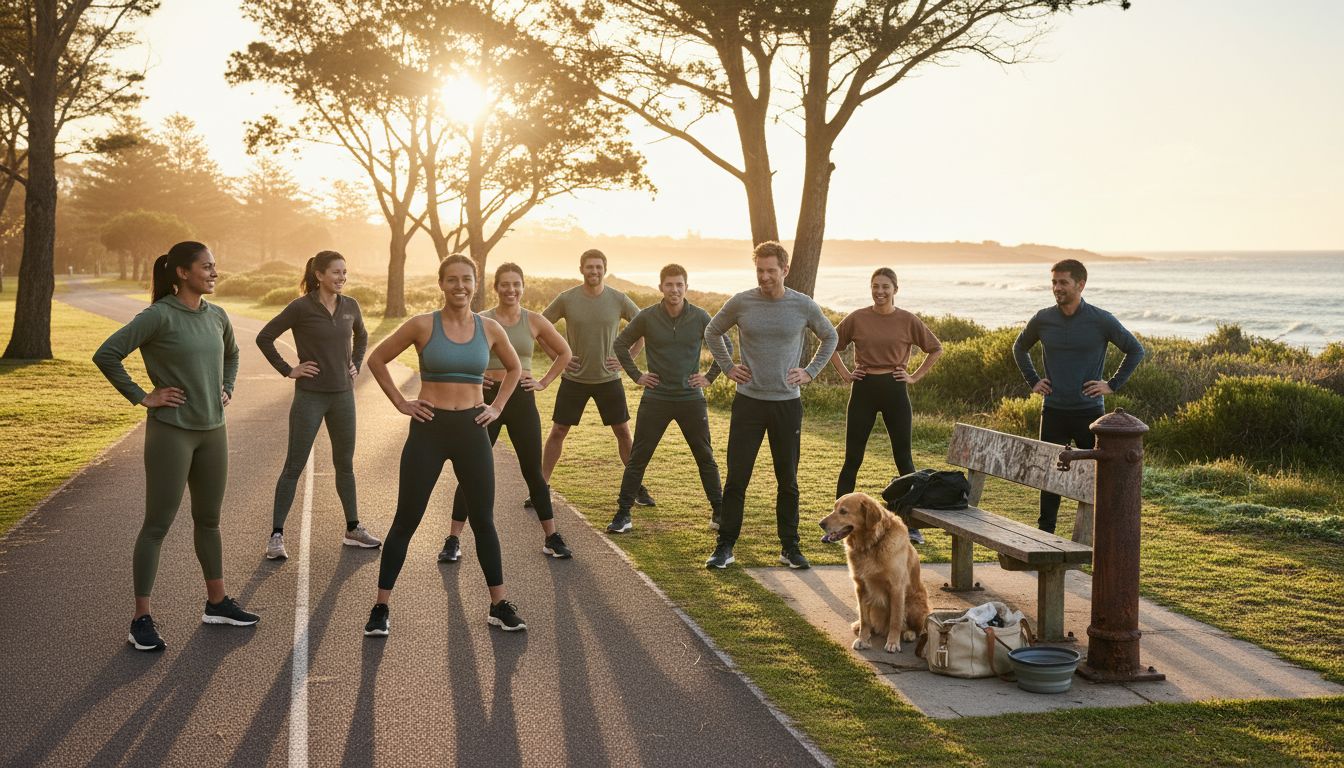 Australians stretching at sunrise in coastal park