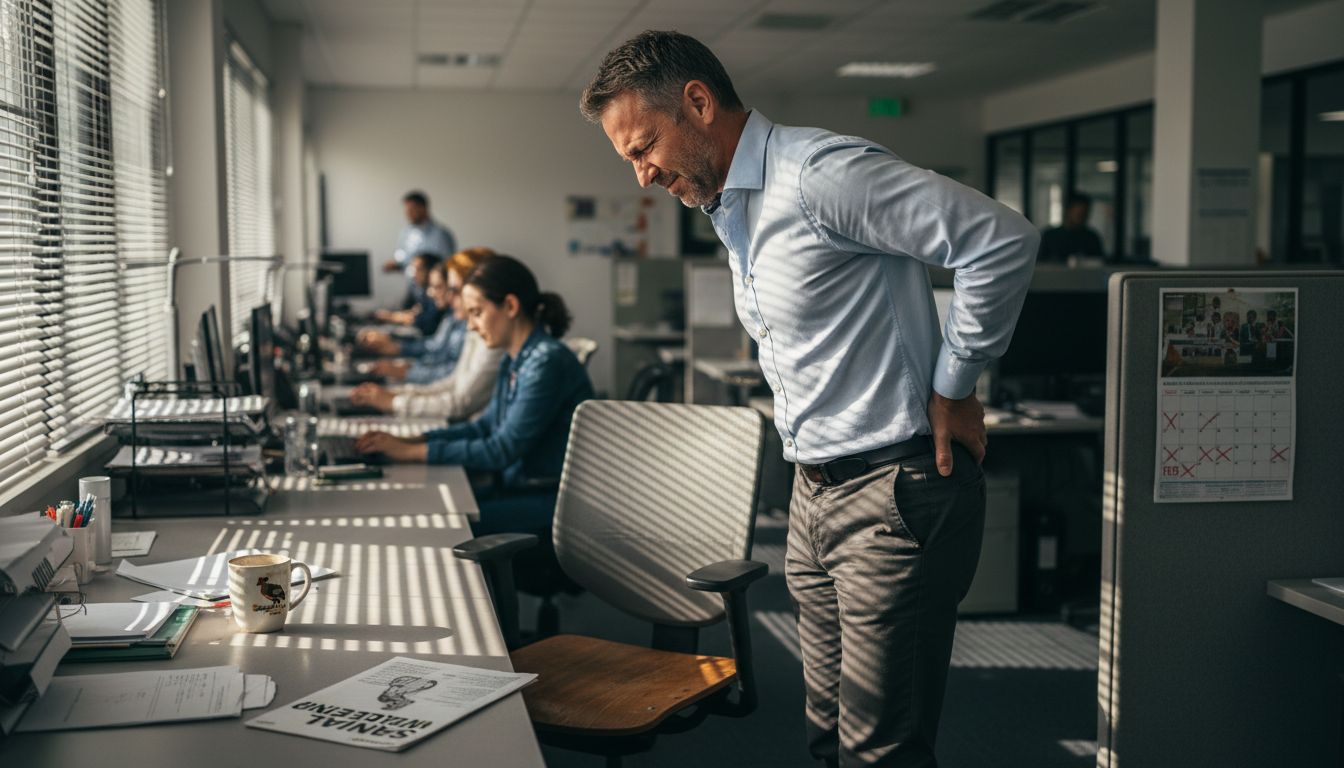 Office worker experiencing back pain at desk