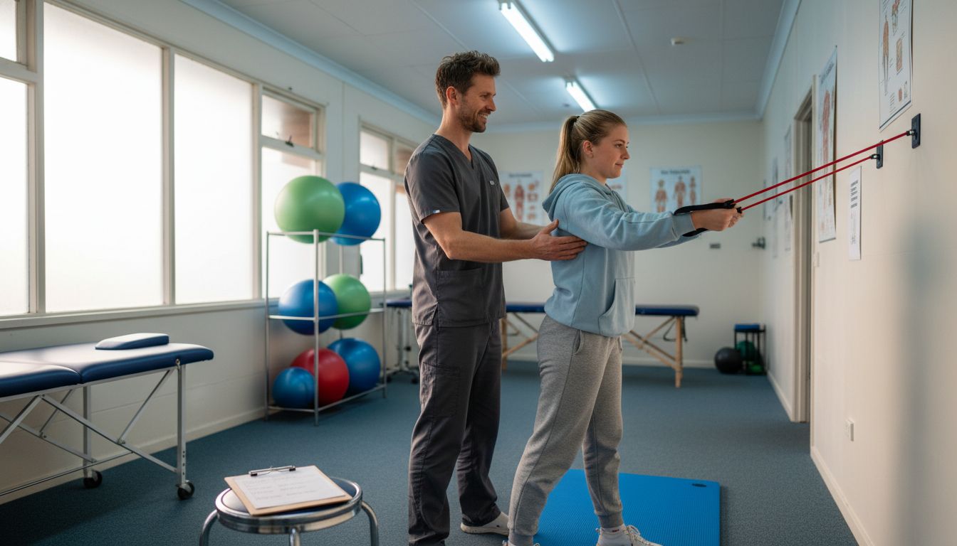 Physiotherapist guides athlete through rehab exercise